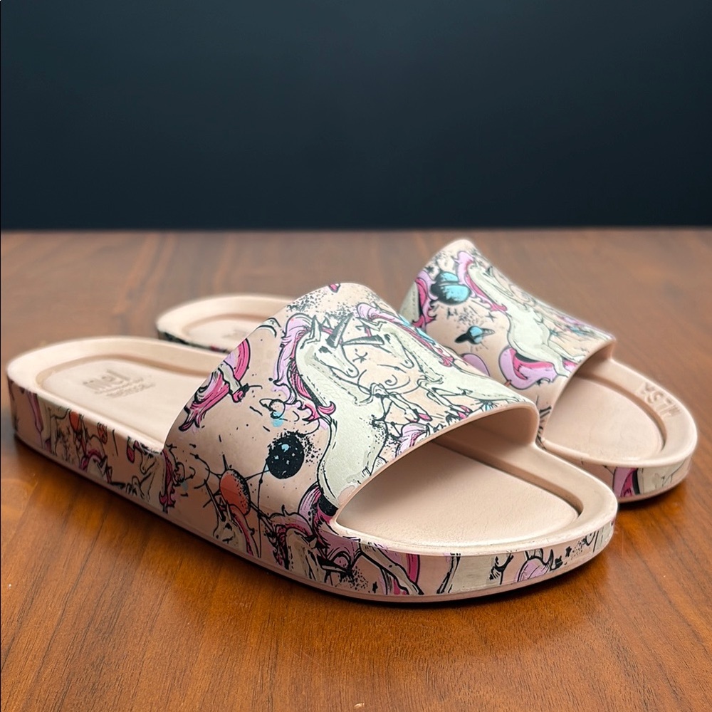 MELISSA UNICORN MEL BEACH SLIDE SANDAL, pink, size 2 Mini Melissa